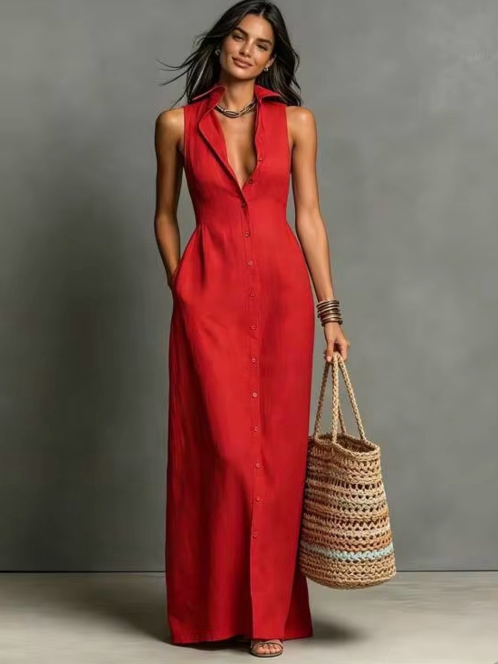 Collared Red Sleeveless Maxi Dress with Front Buttons
